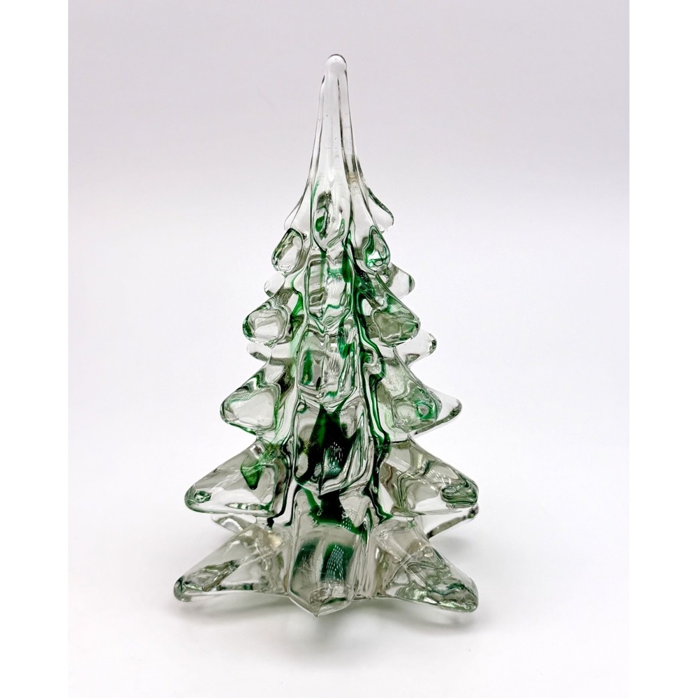 Crystal Art Glass Christmas Tree Figurine Clear & Green Ribboned 6" Tall